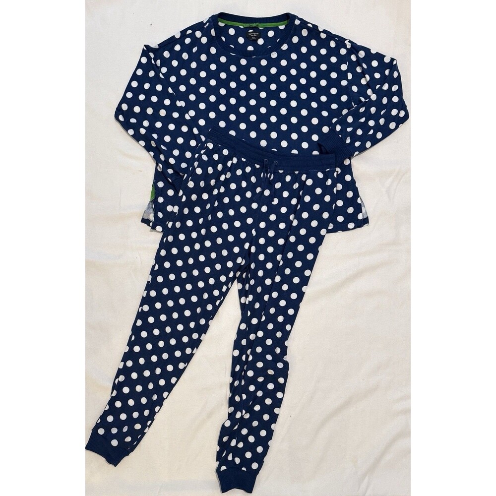 Kate Spade Jogger Pajama Sleep Set Medium Knit Navy/ White Polka Dot Pockets